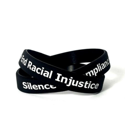 Silence is Compliance End Racial Injustice Black Rubber Bracelet Wristband White Letters - Adult 8" - Support Store