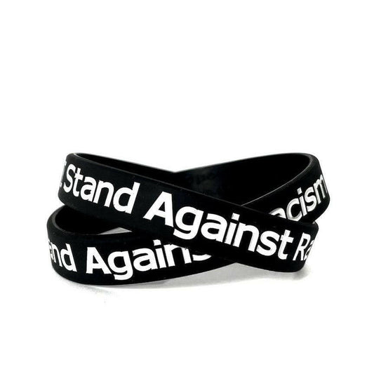 I Stand Against Racism Black Rubber Bracelet Wristband With White Letters - Adult 8" - Support Store
