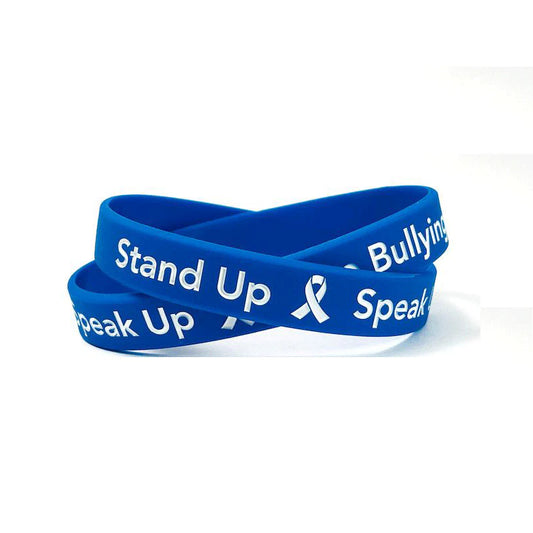 Stand Up - Speak Up - Stop Bullying White Letters Blue Wristband - Youth 7"